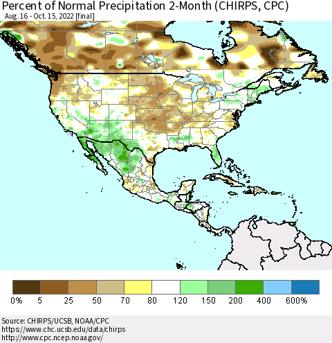 North America Percent of Normal Precipitation 2-Month (CHIRPS) Thematic Map For 8/16/2022 - 10/15/2022