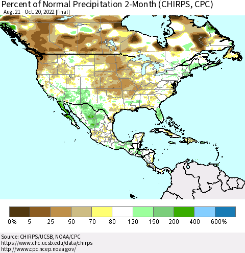 North America Percent of Normal Precipitation 2-Month (CHIRPS) Thematic Map For 8/21/2022 - 10/20/2022