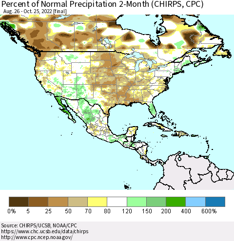 North America Percent of Normal Precipitation 2-Month (CHIRPS) Thematic Map For 8/26/2022 - 10/25/2022