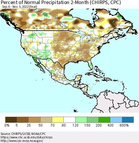 North America Percent of Normal Precipitation 2-Month (CHIRPS) Thematic Map For 9/6/2022 - 11/5/2022