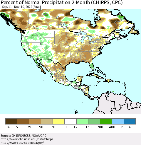 North America Percent of Normal Precipitation 2-Month (CHIRPS) Thematic Map For 9/11/2022 - 11/10/2022