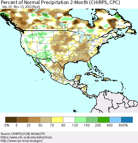 North America Percent of Normal Precipitation 2-Month (CHIRPS) Thematic Map For 9/16/2022 - 11/15/2022