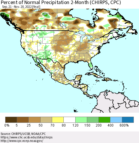 North America Percent of Normal Precipitation 2-Month (CHIRPS) Thematic Map For 9/21/2022 - 11/20/2022
