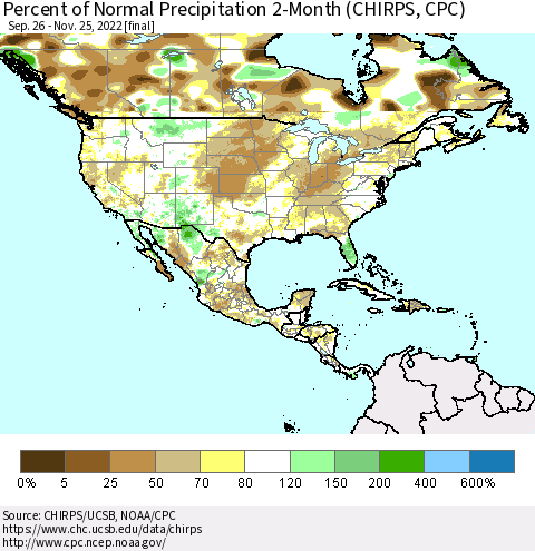 North America Percent of Normal Precipitation 2-Month (CHIRPS) Thematic Map For 9/26/2022 - 11/25/2022
