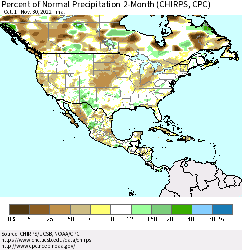 North America Percent of Normal Precipitation 2-Month (CHIRPS) Thematic Map For 10/1/2022 - 11/30/2022