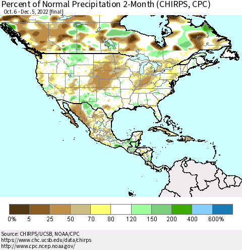 North America Percent of Normal Precipitation 2-Month (CHIRPS) Thematic Map For 10/6/2022 - 12/5/2022