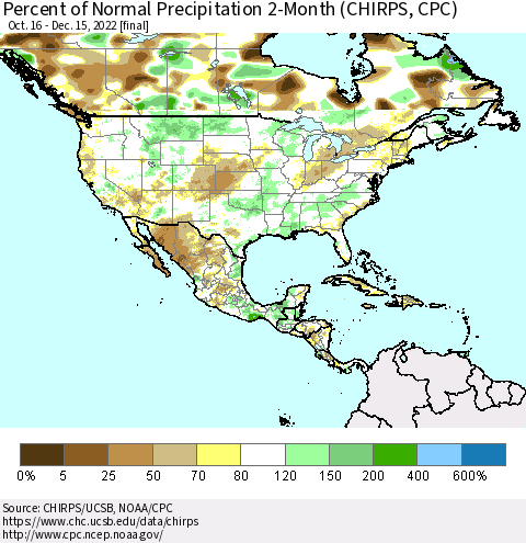 North America Percent of Normal Precipitation 2-Month (CHIRPS) Thematic Map For 10/16/2022 - 12/15/2022