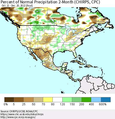 North America Percent of Normal Precipitation 2-Month (CHIRPS) Thematic Map For 10/21/2022 - 12/20/2022