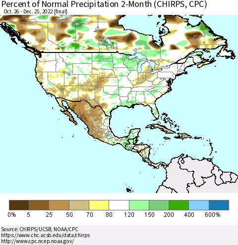North America Percent of Normal Precipitation 2-Month (CHIRPS) Thematic Map For 10/26/2022 - 12/25/2022