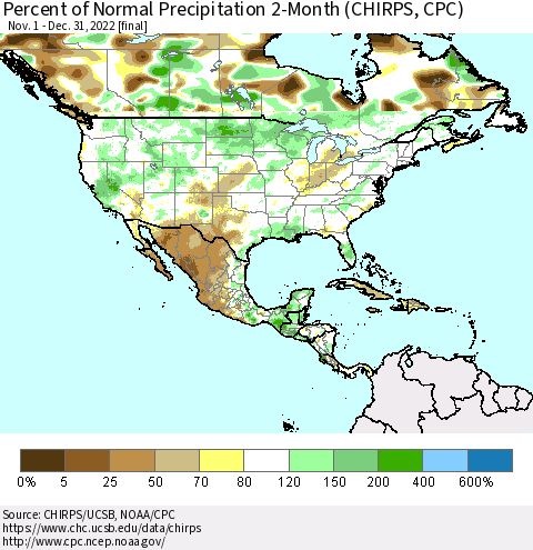 North America Percent of Normal Precipitation 2-Month (CHIRPS) Thematic Map For 11/1/2022 - 12/31/2022