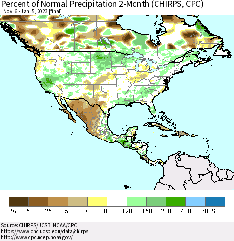 North America Percent of Normal Precipitation 2-Month (CHIRPS) Thematic Map For 11/6/2022 - 1/5/2023