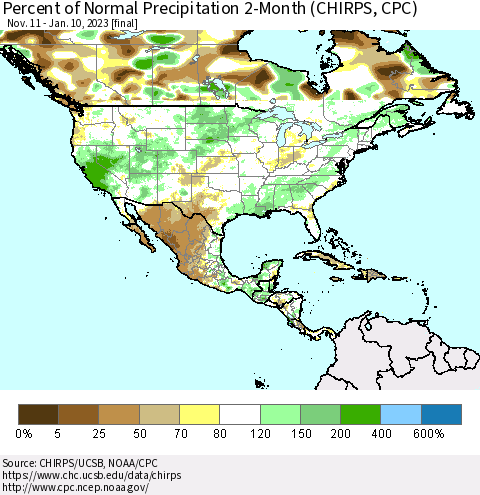 North America Percent of Normal Precipitation 2-Month (CHIRPS) Thematic Map For 11/11/2022 - 1/10/2023