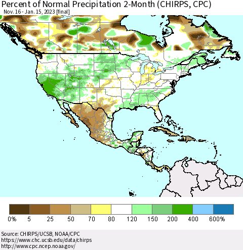 North America Percent of Normal Precipitation 2-Month (CHIRPS) Thematic Map For 11/16/2022 - 1/15/2023