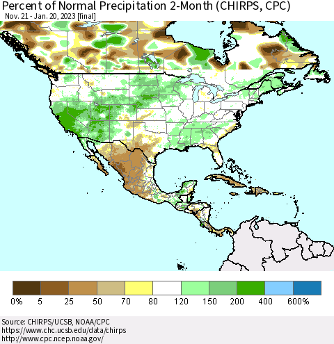 North America Percent of Normal Precipitation 2-Month (CHIRPS) Thematic Map For 11/21/2022 - 1/20/2023