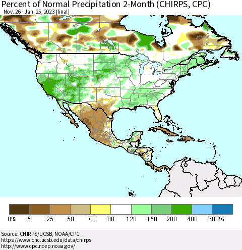 North America Percent of Normal Precipitation 2-Month (CHIRPS) Thematic Map For 11/26/2022 - 1/25/2023