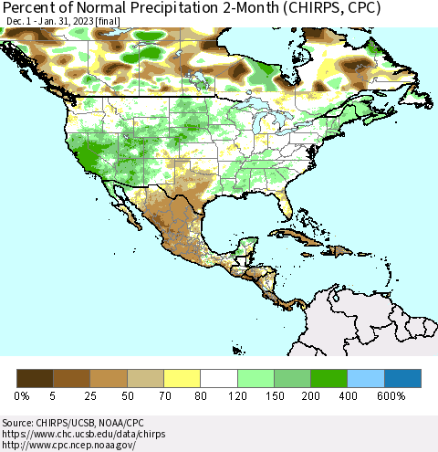 North America Percent of Normal Precipitation 2-Month (CHIRPS) Thematic Map For 12/1/2022 - 1/31/2023
