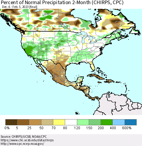 North America Percent of Normal Precipitation 2-Month (CHIRPS) Thematic Map For 12/6/2022 - 2/5/2023