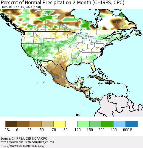 North America Percent of Normal Precipitation 2-Month (CHIRPS) Thematic Map For 12/16/2022 - 2/15/2023