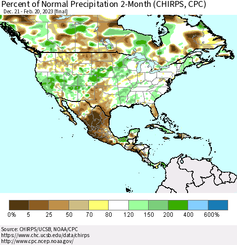 North America Percent of Normal Precipitation 2-Month (CHIRPS) Thematic Map For 12/21/2022 - 2/20/2023