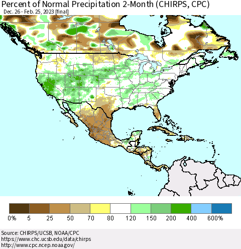North America Percent of Normal Precipitation 2-Month (CHIRPS) Thematic Map For 12/26/2022 - 2/25/2023