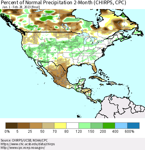 North America Percent of Normal Precipitation 2-Month (CHIRPS) Thematic Map For 1/1/2023 - 2/28/2023