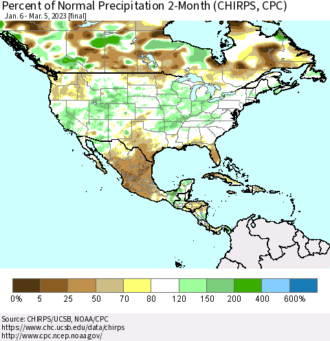 North America Percent of Normal Precipitation 2-Month (CHIRPS) Thematic Map For 1/6/2023 - 3/5/2023