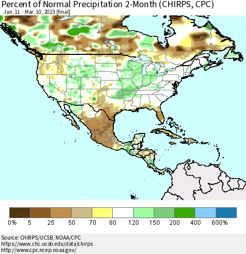 North America Percent of Normal Precipitation 2-Month (CHIRPS) Thematic Map For 1/11/2023 - 3/10/2023