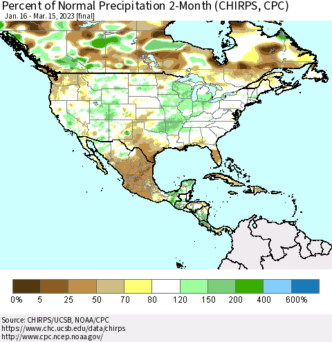 North America Percent of Normal Precipitation 2-Month (CHIRPS) Thematic Map For 1/16/2023 - 3/15/2023