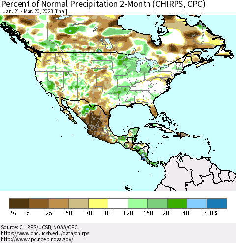 North America Percent of Normal Precipitation 2-Month (CHIRPS) Thematic Map For 1/21/2023 - 3/20/2023