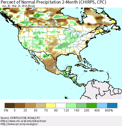 North America Percent of Normal Precipitation 2-Month (CHIRPS) Thematic Map For 1/26/2023 - 3/25/2023