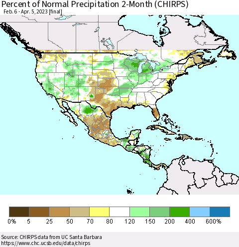 North America Percent of Normal Precipitation 2-Month (CHIRPS) Thematic Map For 2/6/2023 - 4/5/2023