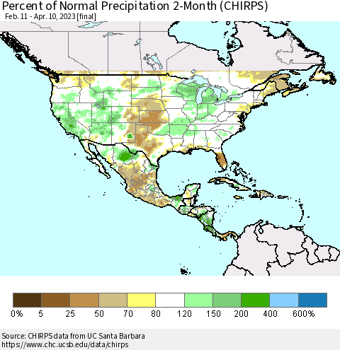North America Percent of Normal Precipitation 2-Month (CHIRPS) Thematic Map For 2/11/2023 - 4/10/2023