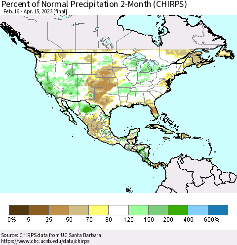 North America Percent of Normal Precipitation 2-Month (CHIRPS) Thematic Map For 2/16/2023 - 4/15/2023