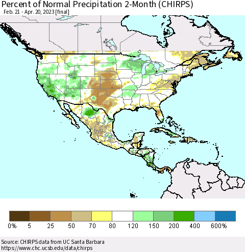 North America Percent of Normal Precipitation 2-Month (CHIRPS) Thematic Map For 2/21/2023 - 4/20/2023