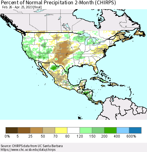 North America Percent of Normal Precipitation 2-Month (CHIRPS) Thematic Map For 2/26/2023 - 4/25/2023