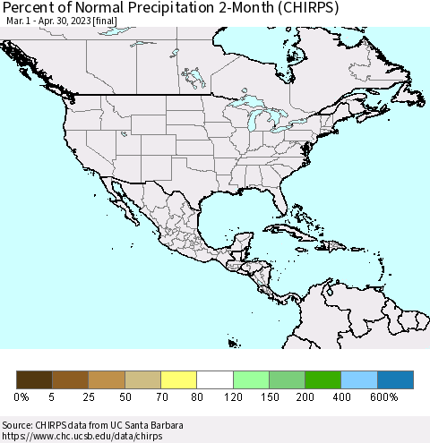 North America Percent of Normal Precipitation 2-Month (CHIRPS) Thematic Map For 3/1/2023 - 4/30/2023