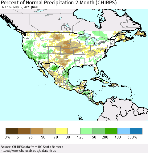 North America Percent of Normal Precipitation 2-Month (CHIRPS) Thematic Map For 3/6/2023 - 5/5/2023