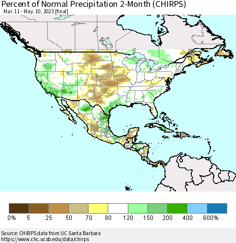 North America Percent of Normal Precipitation 2-Month (CHIRPS) Thematic Map For 3/11/2023 - 5/10/2023