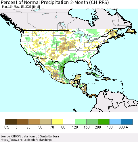 North America Percent of Normal Precipitation 2-Month (CHIRPS) Thematic Map For 3/16/2023 - 5/15/2023