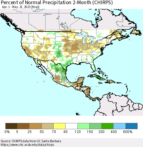 North America Percent of Normal Precipitation 2-Month (CHIRPS) Thematic Map For 4/1/2023 - 5/31/2023