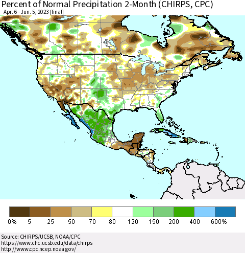 North America Percent of Normal Precipitation 2-Month (CHIRPS) Thematic Map For 4/6/2023 - 6/5/2023
