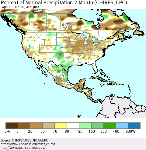 North America Percent of Normal Precipitation 2-Month (CHIRPS) Thematic Map For 4/11/2023 - 6/10/2023
