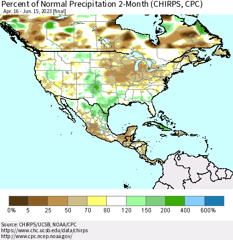 North America Percent of Normal Precipitation 2-Month (CHIRPS) Thematic Map For 4/16/2023 - 6/15/2023