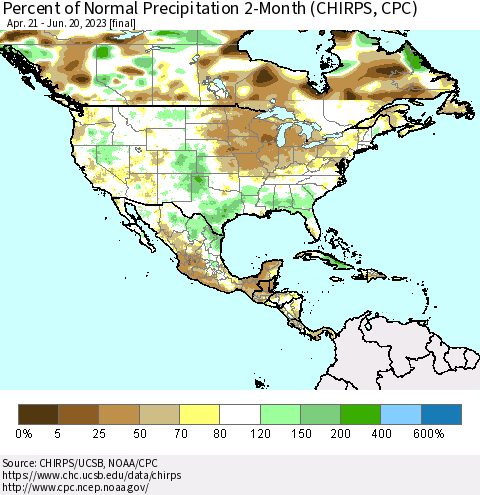 North America Percent of Normal Precipitation 2-Month (CHIRPS) Thematic Map For 4/21/2023 - 6/20/2023