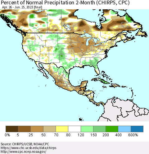 North America Percent of Normal Precipitation 2-Month (CHIRPS) Thematic Map For 4/26/2023 - 6/25/2023