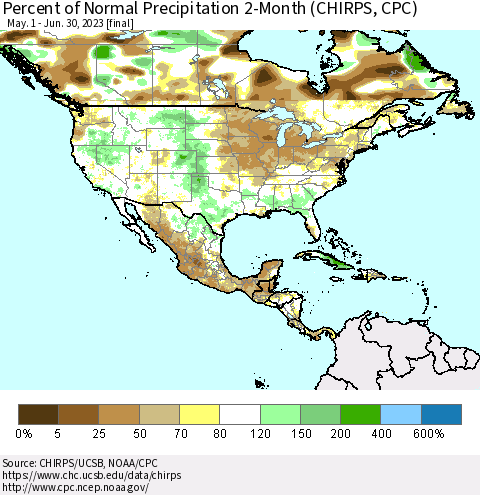 North America Percent of Normal Precipitation 2-Month (CHIRPS) Thematic Map For 5/1/2023 - 6/30/2023