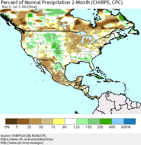 North America Percent of Normal Precipitation 2-Month (CHIRPS) Thematic Map For 5/6/2023 - 7/5/2023