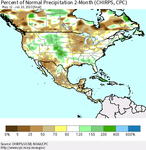 North America Percent of Normal Precipitation 2-Month (CHIRPS) Thematic Map For 5/11/2023 - 7/10/2023
