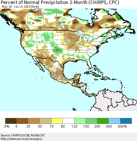 North America Percent of Normal Precipitation 2-Month (CHIRPS) Thematic Map For 5/16/2023 - 7/15/2023