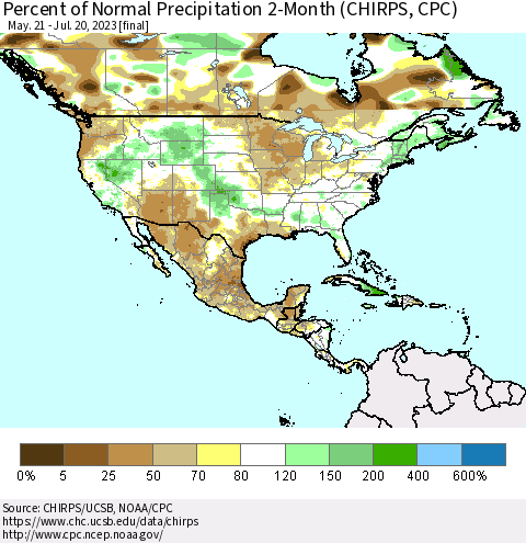 North America Percent of Normal Precipitation 2-Month (CHIRPS) Thematic Map For 5/21/2023 - 7/20/2023